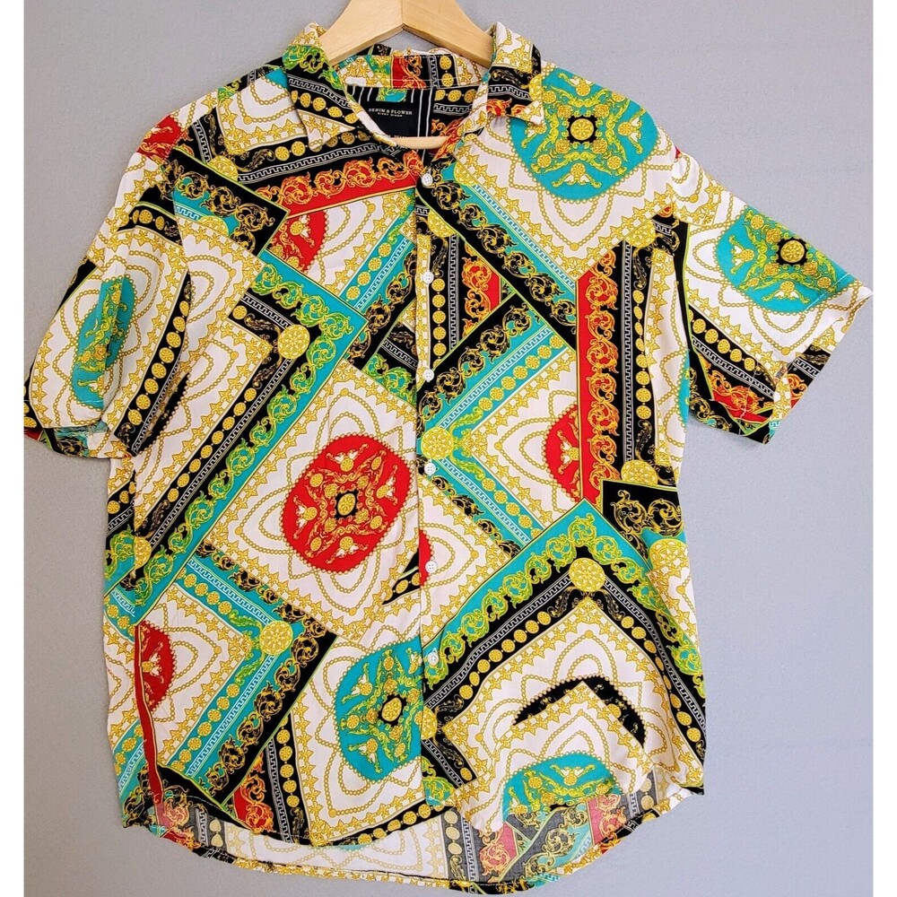 Denim & Flower Ricky Singh Baroque Style Print Button Up Shirt Size L Pimp Shirt
